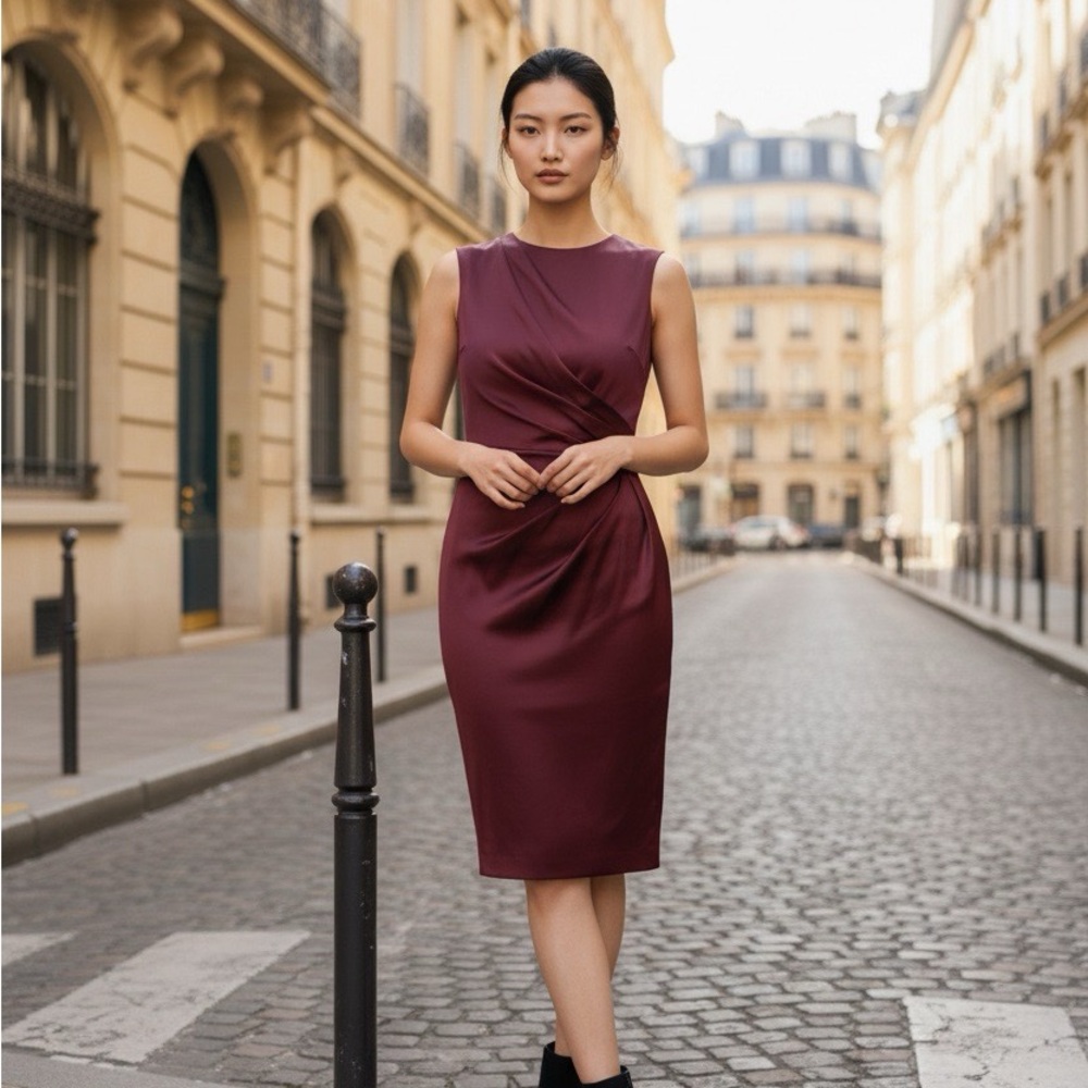 NWT Ralph Lauren Woman Satin Burgundy Sleeveless Rouced Coctail Dress Size 10
